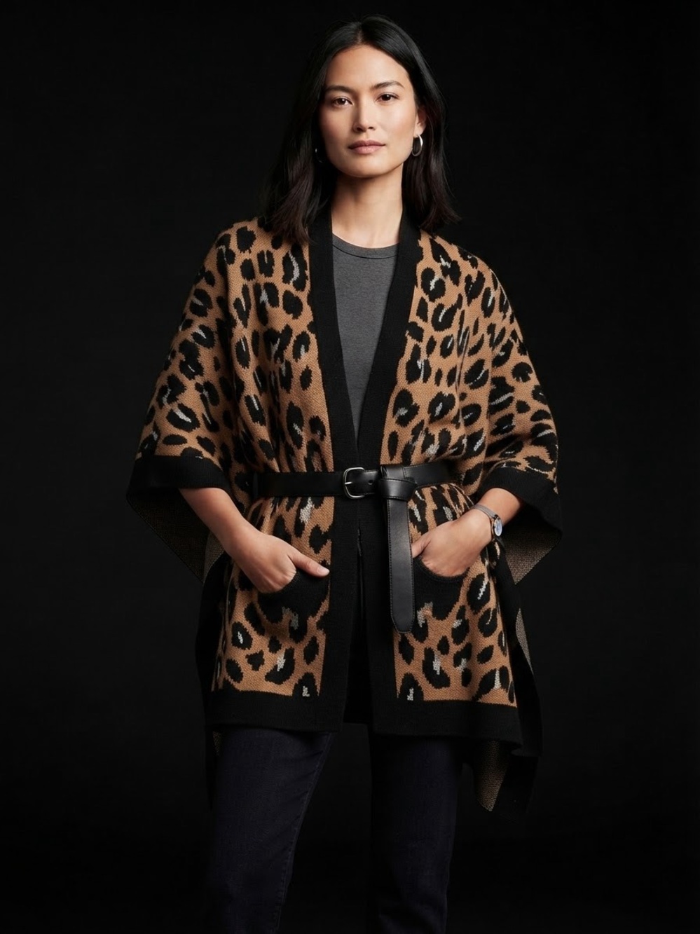 kate spade Leopard-Print Open Poncho Cardigan in Brown and Black